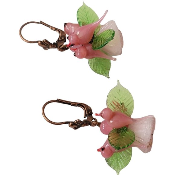 Czech Pink Glass Bird, Leaves Leverback Earrings E78 - Picture 3 of 7